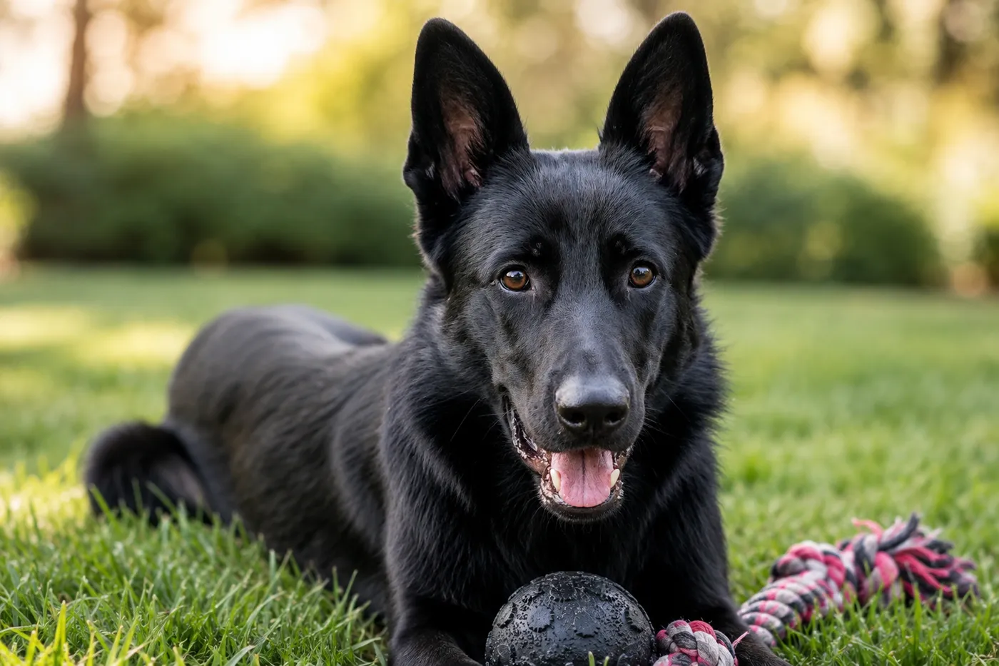 Kola, the black German Shepherd behind Kolas Paws & Co., lying in the grass with a pink rope toy